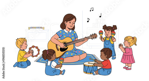 A smiling female teacher sits on a blue rug playing an acoustic guitar for five diverse children who are playing various musical instruments.