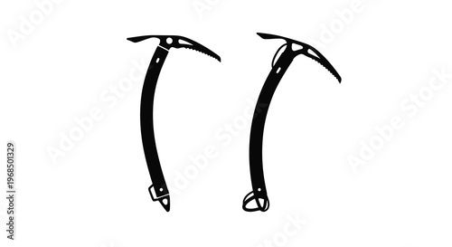 Two ice axes depicted in a stark black graphic silhouette