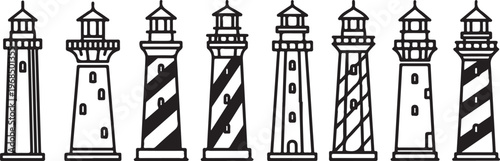 Vector illustration of eight lighthouse icons with varying designs Vector