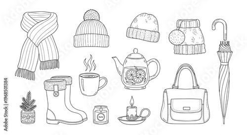 Collection of cozy autumn and winter essentials includes a warm scarf knitted hat boots hot tea and a candle in simple line drawings.