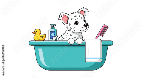 A cartoon white fluffy puppy is taking a bath in a light turquoise tub with various bath accessories against a white background.