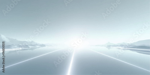 An aerial flight high above the clouds reveals a blue horizon where a misty road in the mountains disappears into a heavenly landscape under the winter sky