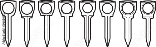 Set of eight identical black chairs with circular backrests aligned in a row Vector