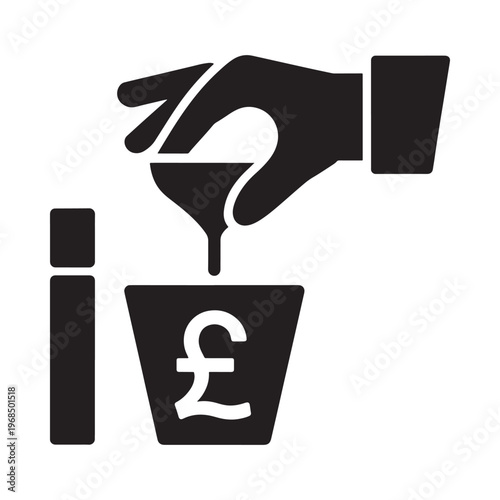A hand pouring liquid into a container with a pound symbol