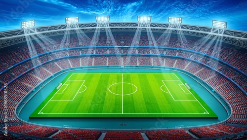 Modern Soccer Stadium with Bright Lights and Empty Seats