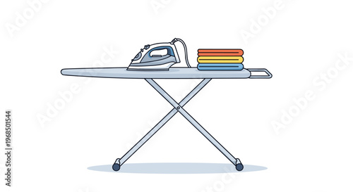 Domestic scene featuring an iron on an ironing board with a stack of folded colorful clothes representing household chores and laundry.