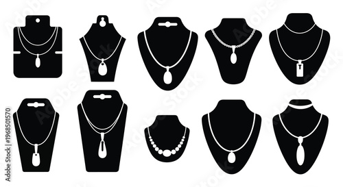 Black necklace displays on stands a jewelry store presentation silhouette