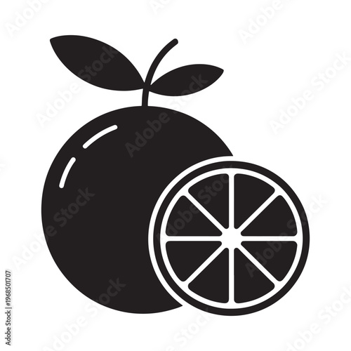 Black and white illustration of a whole orange and a sliced segment