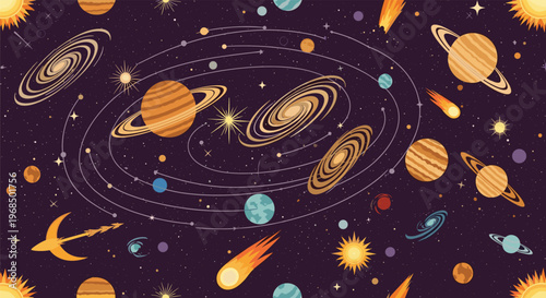 Detailed pixel art space pattern displays the solar system with planets orbiting a central star along with comets and distant galaxies.