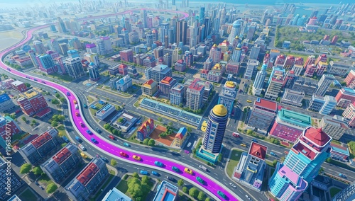 Vibrant Aerial View of a Modern City with Colorful Architecture