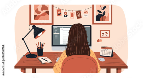 Back view of a woman working at her home office desk using a large computer monitor while surrounded by a cozy and decorated workspace.