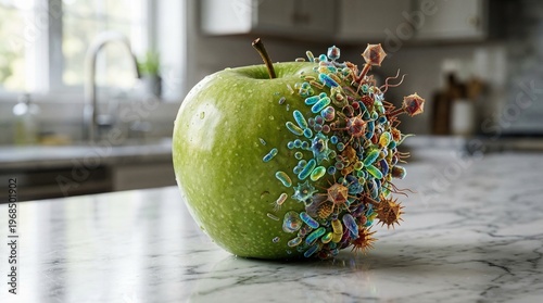 Green apple covered with microorganisms. Bacteria and viruses on fruit surface. Food safety and hygiene concept in a kitchen setting