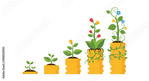 Five progressively taller stacks of golden coins each have a growing green plant with flowers and vines on a white background.