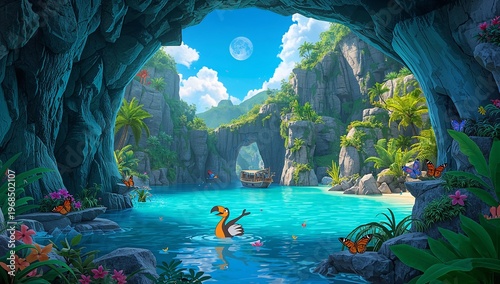 Serene Hidden Cove with Vibrant Flora and Colorful Wildlife