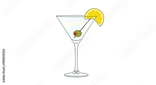 Martini glass cocktail with green olive on a pick and a yellow lemon slice garnish isolated on white background.