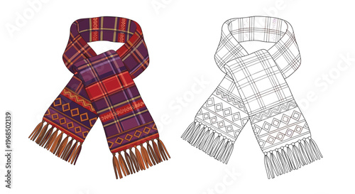 Plaid winter scarf with colorful checkered pattern and decorative tassels shown in both color and black line art styles.