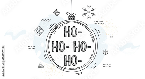Christmas ornament illustration containing the text ho ho ho with snowflakes and geometric patterns for festive holiday cards and signs.