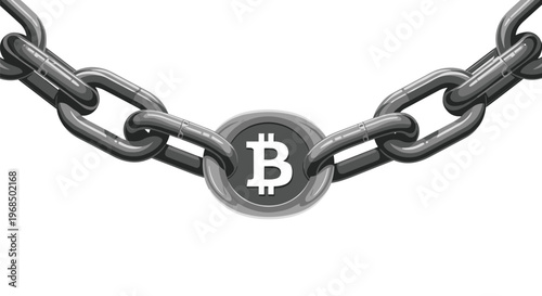 Two dark grey metal chain links are connected by a central circular Bitcoin coin with a white 'B' symbol against a plain white background.