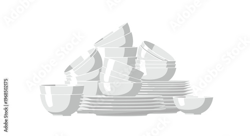 A substantial, towering stack of clean white ceramic bowls and plates is piled high on a white surface.