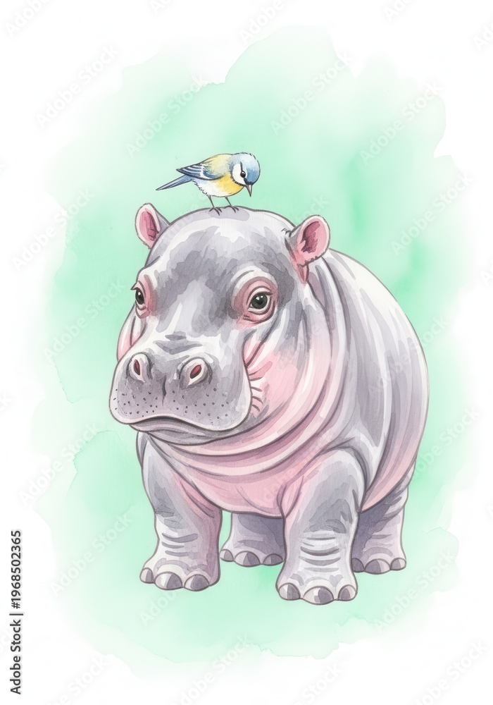 Fototapeta premium Adorable young hippopotamus stands patiently while a small songbird rests on its head