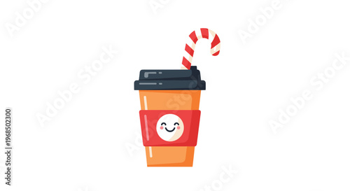 Cute cartoon coffee cup with a happy face and a candy cane for festive winter mornings and holiday themed beverage promotions or stickers.