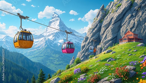 Scenic Mountain Landscape with Cable Cars and Majestic Peaks