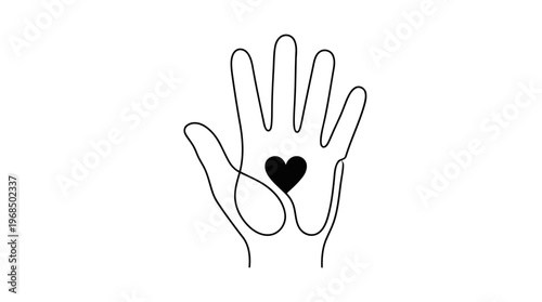 Open Hand Holding Heart, Minimalist Continuous Line Art Vector Illustration