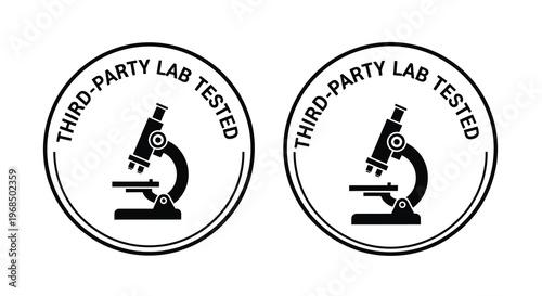 Two circular lab tested badges featuring a microscope a bold silhouette
