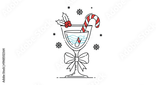 Festive christmas cocktail in a glass decorated with a candy cane holly and a bow for holiday party invitations and seasonal menu designs.