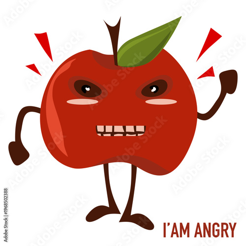 Angry Red Apple Character with Clenched Teeth Illustration