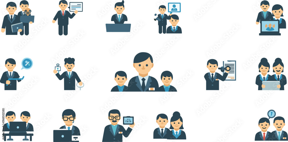 Fototapeta premium Business people flat character set featuring teamwork communication leadership presentation collaboration and corporate professional activities illustrations
