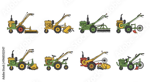 Walking Tractors Agricultural Motoblocks with Implements Vector Set, Flat-design vector illustrations of walking tractors, power harrows, and rotary plows, Two-Wheel Walk-Behind Tractors 