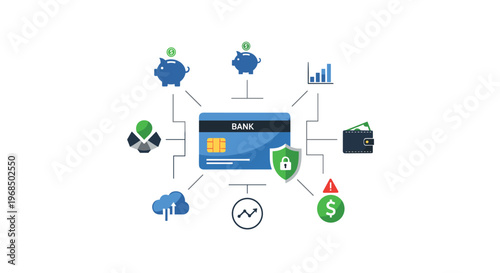 A blue bank card connects to eight financial icons in a network on a white background.