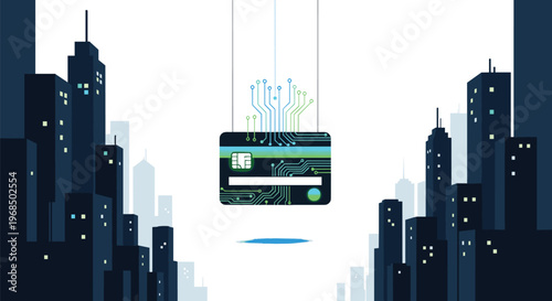 A dark blue credit card with green circuits is suspended between two dark city skylines against a white background.