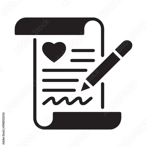 A black glyph depicting a love letter with a pen and heart