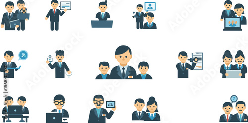 Business people flat character set featuring teamwork communication leadership presentation collaboration and corporate professional activities illustrations