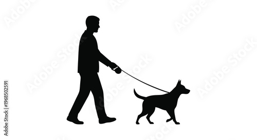 A man walking his dog on a leash a striking black silhouette