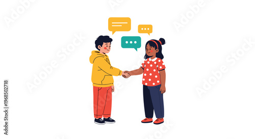 Young boy and girl shaking hands in a friendly gesture with colorful speech bubbles representing communication on a white background.