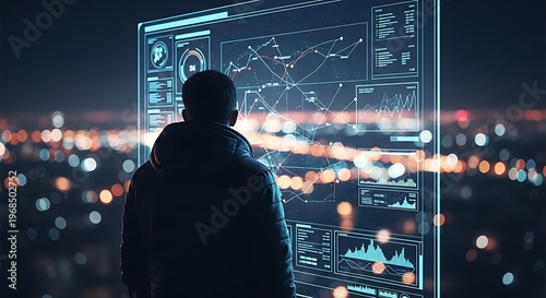 Businessman, data analysis, futuristic cityscape, digital dashboard