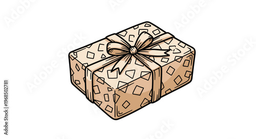 Hand drawn illustration of a rectangular gift box wrapped in patterned paper and tied with a neat ribbon bow on a white background.