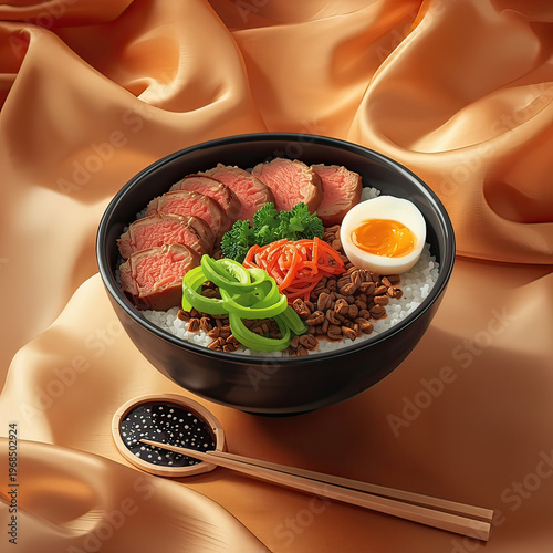 A delicious bowl of rice with sliced meat and vegetables on a silk background