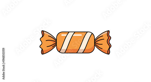 Single piece of hard candy wrapped in bright orange paper with white stripes isolated on a clean white background in a cartoon style.