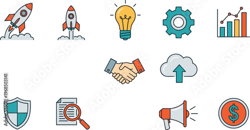 Business startup and marketing flat icon set featuring rocket launch analytics security handshake cloud upload and financial growth symbols