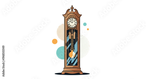 Classic wooden grandfather clock with a decorative dial and a swinging pendulum standing against an abstract dotted background.