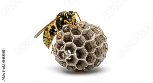 Paper wasp building nest in a creative macro style on a white background
