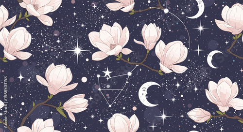 Enchanting seamless pattern of white magnolia blossoms set against a dark blue night sky filled with stars and constellations.