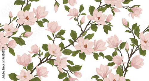 Beautiful seamless pattern of pink magnolia blossoms on dark branches with green leaves over a clean white background.