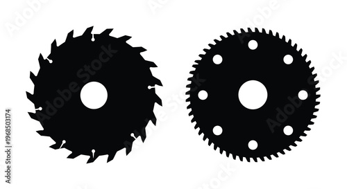 Two circular saw blades depicted in a stark black silhouette