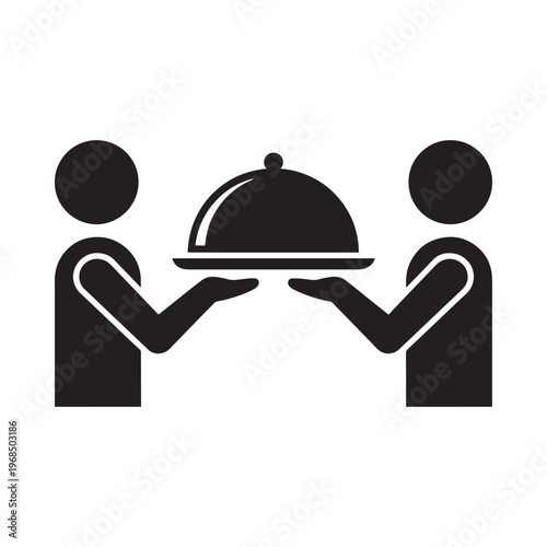 Two figures presenting a covered dish on a serving tray