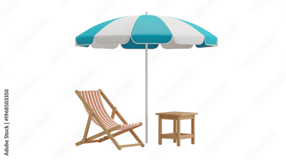 Fototapeta premium Relaxing beach setup with a lounge chair, side table, and striped beach umbrella isolated on white background